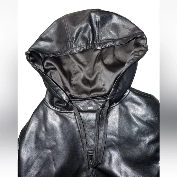 $349 RUTI Black Vegan Leather Hooded Jacket, Size 6 - Picture 6 of 8